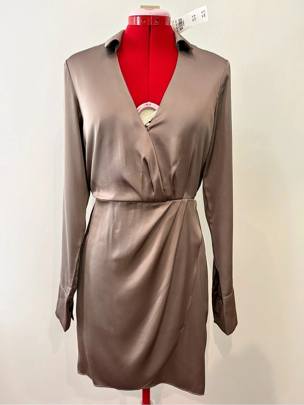 Abercrombie & Fitch Long-Sleeve Satin Wrap Mini Dress Taupe - XS Tall